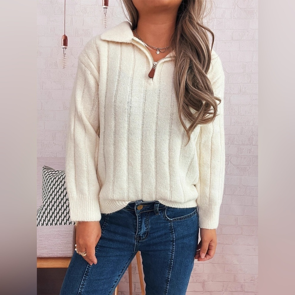 Ribbed Hem Quarter Zip Sweater - Picture 4 of 14